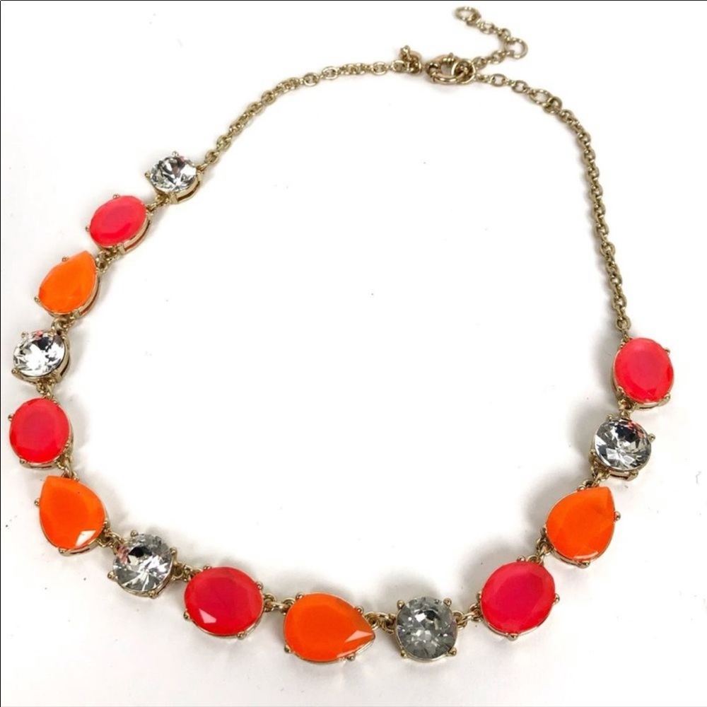 J. Crew Neon Pink and Orange Statement Necklace with Clear Stones